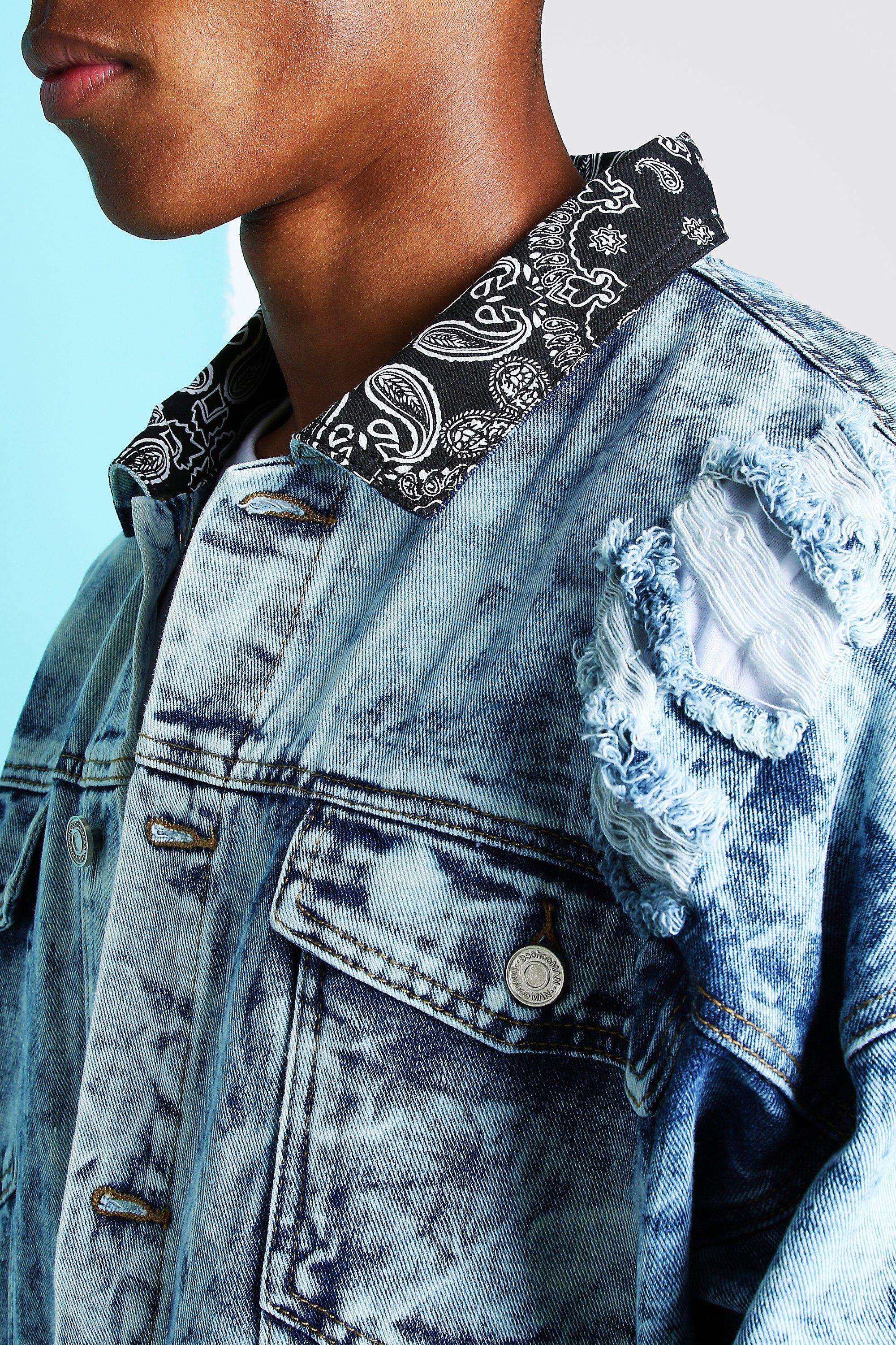 Oversized Bleach Bandana Ripped Denim Jacket boohoo USA